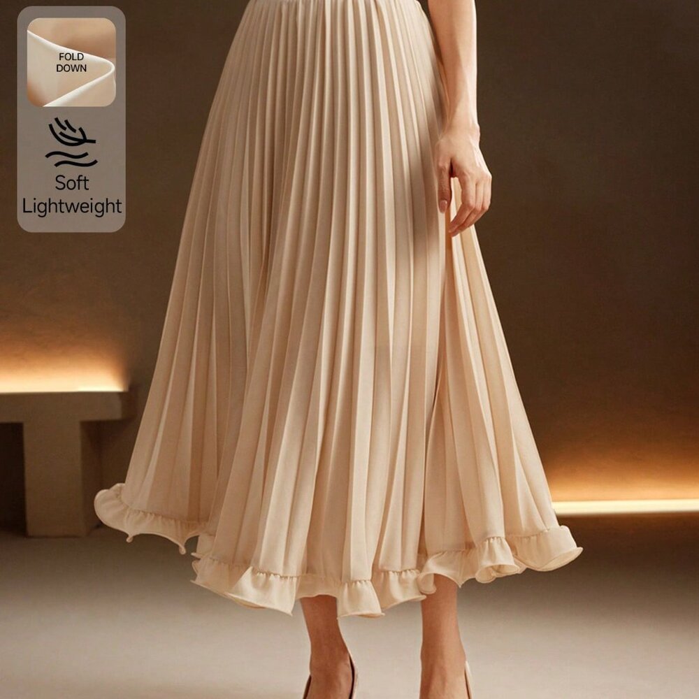 Apricot Elegant Women's Color Pleated Woven Ruffle Hem Skirt - Picture 7 of 7